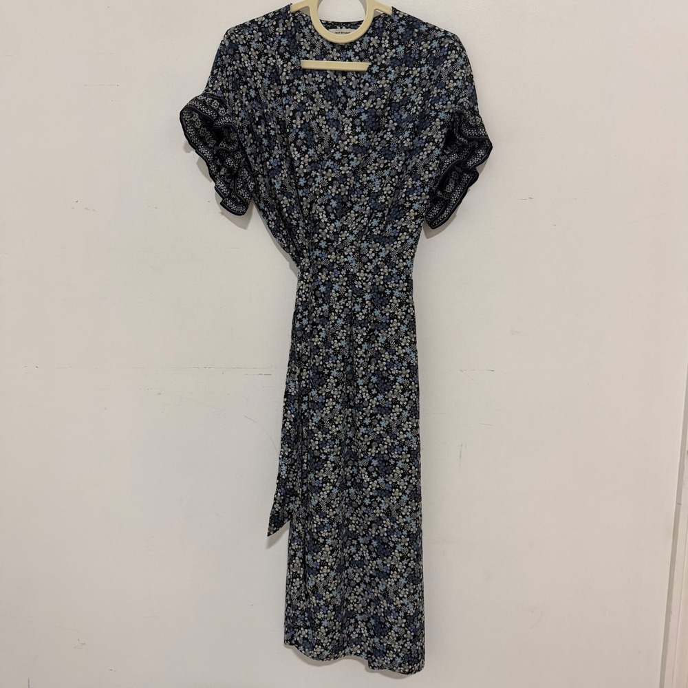 Max Studio Womens Navy Blue Floral Wrap Midi Dress Short Flutter Sleeve Lace L